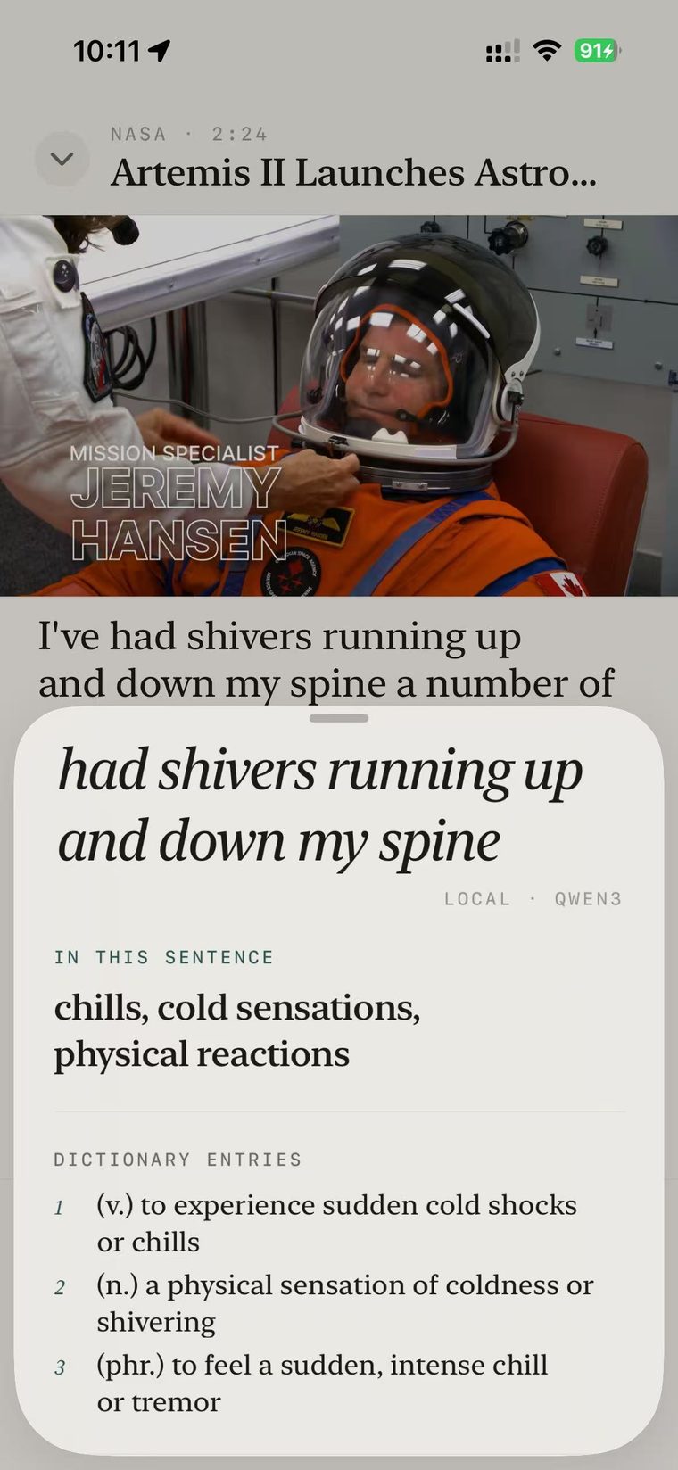 地道英语 App 截图：播放 NASA Artemis II 视频，选中字幕短语后 AI（本地 Qwen3）给出这一句里的意思、词典释义与用法